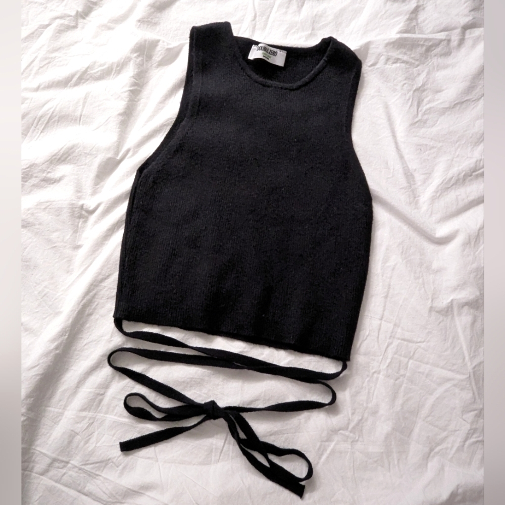 Double Zero Sexy Little Black Cropped Tie Wrap Waist Sleeveless Top